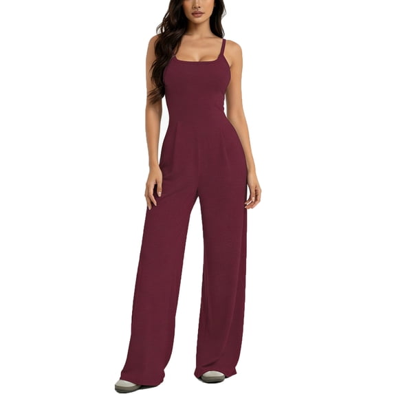 Edvintorg Rompers for Women Backless Sleeveless Jumpsuits Wide Leg Rompers Spaghetti Strap Overalls Summer Outfits Wine S
