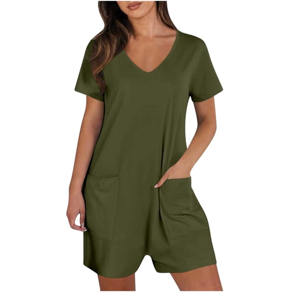 Edvintorg Rompers for Women Summer Short Sleeve V Neck Short Jumpsuits Loose Casual Overalls with Pockets Army Green L