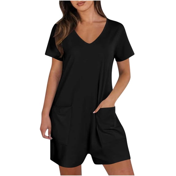 Edvintorg Rompers for Women Summer Short Sleeve V Neck Short Jumpsuits Loose Casual Overalls with Pockets Black S