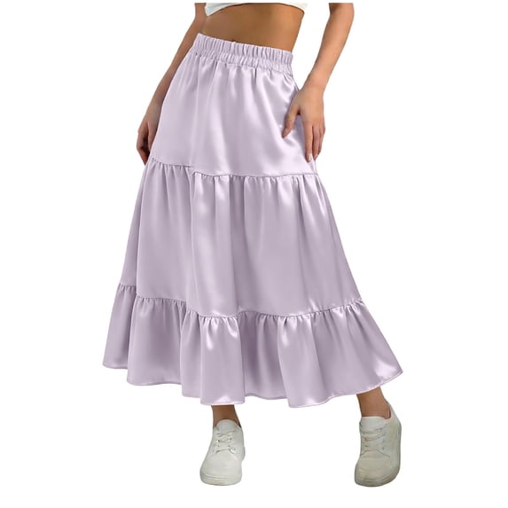Edvintorg Satin Skirt for Girls Summer Elastic Waisted Pleated A-Line Flowy Ruffle Swing Tiered Long Beach Skirts Size 5-14