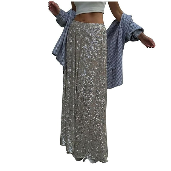 Edvintorg Sequin Long Skirts for Women Fashion Solid Color Elastic Waist Casual Maxi Skirt Women's Clothing Faldas Para Mujer