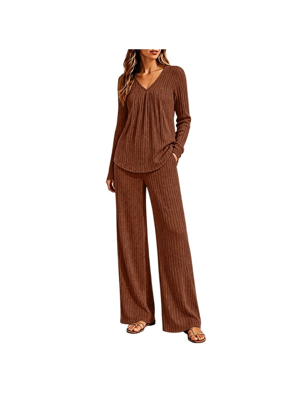 Sets for Women Fashion V Neck Knit Top and Pant Loose Casual Vacation Outfits Two Piece Set Women's Clothing Orange M