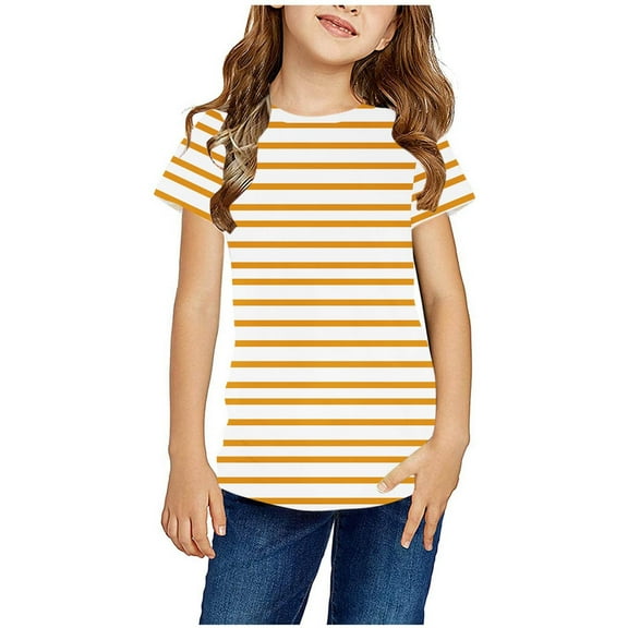 Edvintorg Shirt for Kids Girls Summer Short Sleeve T Shirts Fashion Cute Stripe Printed Round Neck Tops 3-14Years Schools Outfit Teenage Clothing