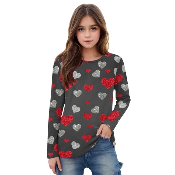 Edvintorg Shirts for Girls Cute Valentine's Day Heart Printing Long Sleeve Crewneck Dressy Casual Blouses Shirts 3-14 Years Spring Holiday Pullover Tops