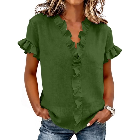 Edvintorg Shirts for Women Summer Ruffle Hem V Neck Short Sleeve Lightweight Loose Fit Casual Tops Womens Fashion Army Green M