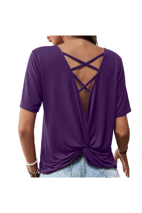 Short Sleeve Tops for Women Cut Out Cross Keyhole Back Casual Loose Fit Shirts Plus Size Fashion Women's Clothing