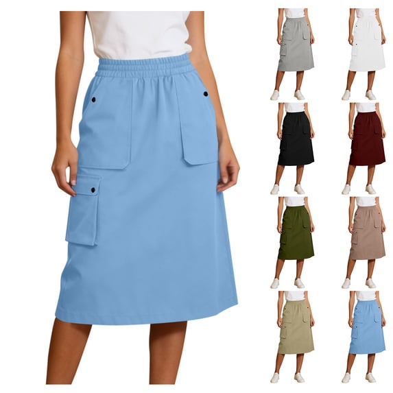 Edvintorg Skirts for Women Midi Length Fashion Elastic Waist Casual Loose Midi Skirt with Pockets Summer 2026 Women's Skirts