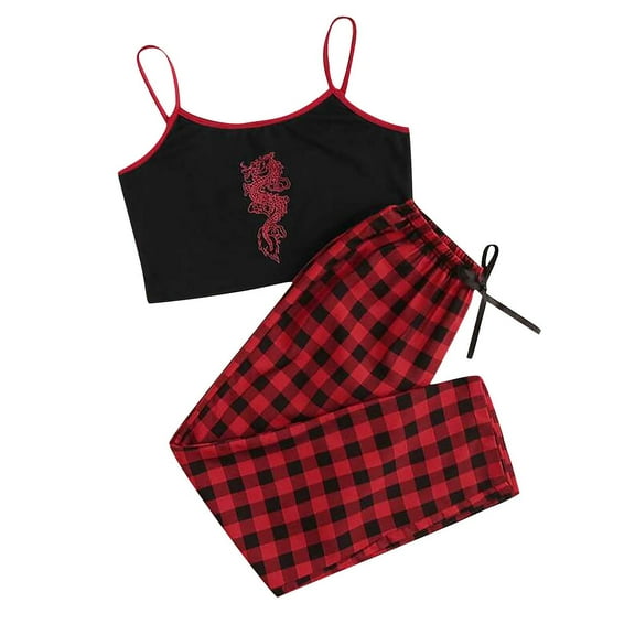 Edvintorg Sleepwear for Women Fashion Women Cami Pajama Set Solid Cami Top and Plaid Pants Sleepwear Loungewear Pajamas for Women Set