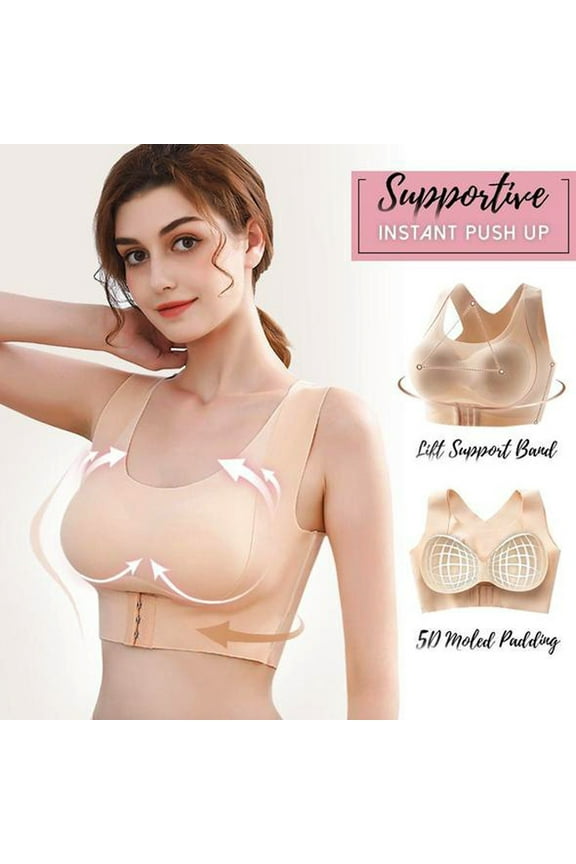 Sports Bra Womens Gathered Underwear Strapl Bra Front Closure Push Up Buckle Lift Bra No Underwire Cross-Fit Underwear Beige