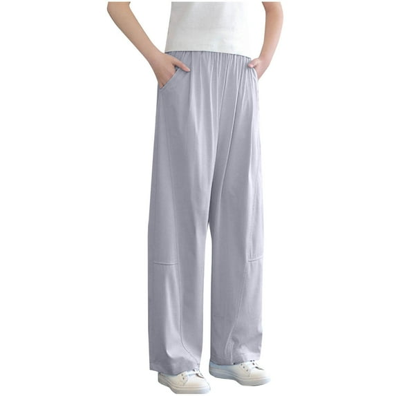 Edvintorg Spring Summer Girls Lightweight Pants Solid Color Elastic Waist Casual Sports Pants with Pocket 4-15 Years Girls Pants