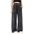 thumbnail image 1 of Edvintorg Straight Leg Jeans for Girls Cute Heart Patchwork Elastic Waist Wide Leg Denim Pants with Pockets Teen Girl Clothes 5-15, 1 of 6