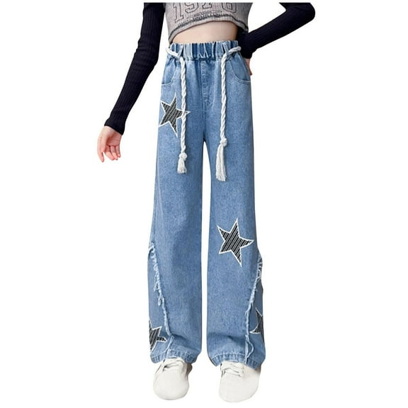 Edvintorg Street Style Girls Jeans Denim Elastic Wasit Wide Leg Baggy Pants with Pocket Kids Clothes Girls 5-16 Years