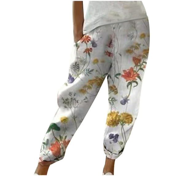 Edvintorg Streetwear 90S Vintage Women's Pants Summer Fashion Printed Straight Casual Drawstring Pants with Pockets White XXL