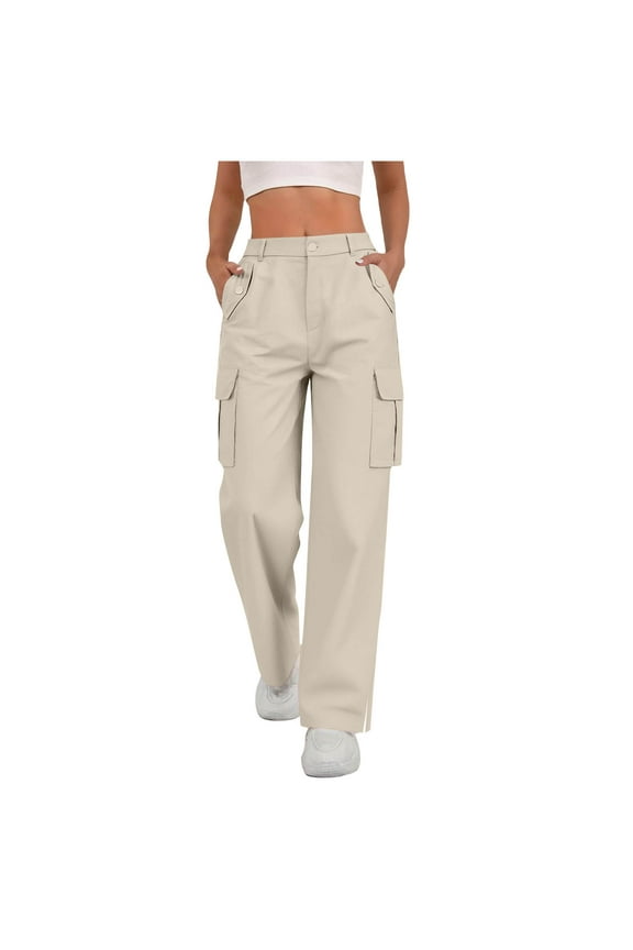 Streetwear Cargo Work Pants for Women Solid Color Stretch Elastic Waist Casual Long Pants with Pockets Womens Trousers Beige S