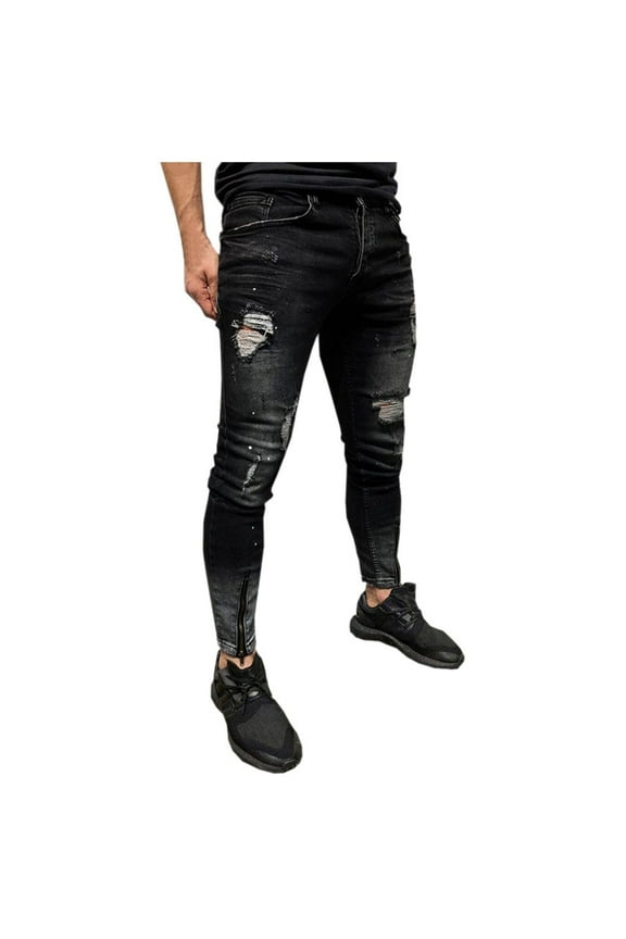 Streetwear Casual Oversized Mens Ripped Jeans, Distressed Destroyed Slim Fit Straight Leg Denim Pants Mens Skinny Stretch Pants Distressed Ripped Freyed Trousers