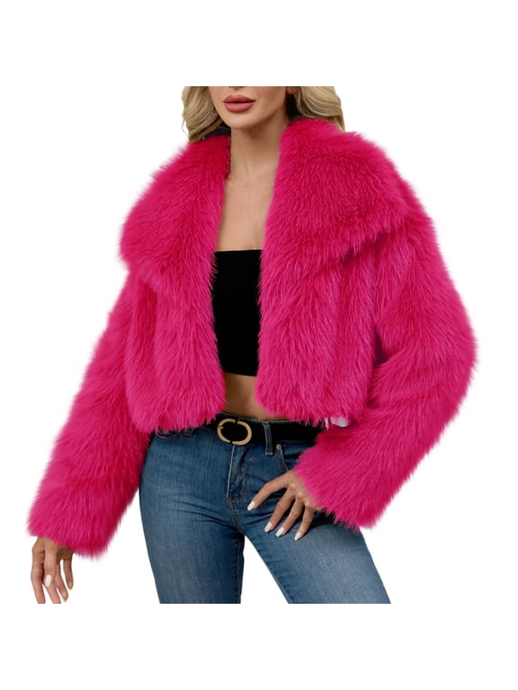 Streetwear Crop Jackets for Women Winter Warm Faux Furry Coat Solid Color Long Sleeve Turn Down Collar Outerwear Plus Size Clothing