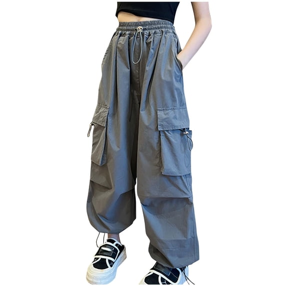 Edvintorg Streetwear Girls Cargo Pants Fashion Solid Color Adjustable Elastic Waist Casual Street Dance Pants Kids Clothes Girls 5-13 Years Children's Trousers with Pocket