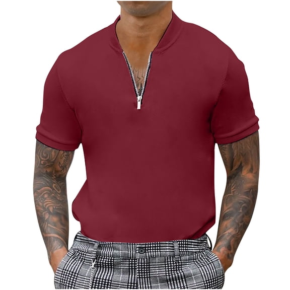 Edvintorg Streetwear T Shirt for Men Fashion Casual Solid Stand Collar Pullover Zipper Short Sleeve Business Blouse Oversized Tee Shirt Men Vintage Clothing