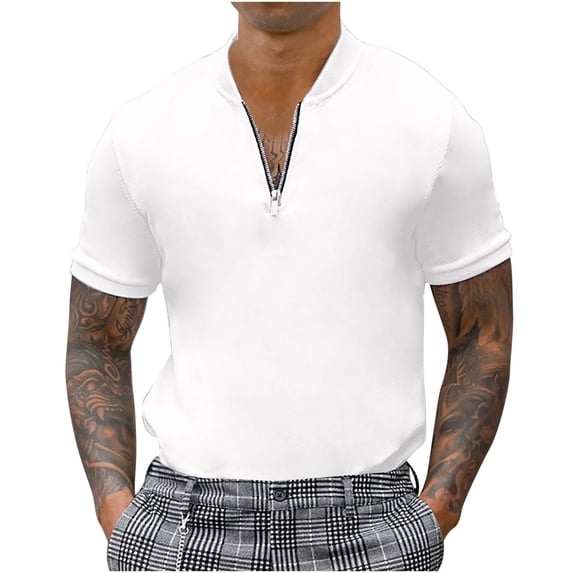 Edvintorg Streetwear T Shirt for Men Fashion Casual Solid Stand Collar Pullover Zipper Short Sleeve Business Blouse Oversized Tee Shirt Men Vintage Clothing