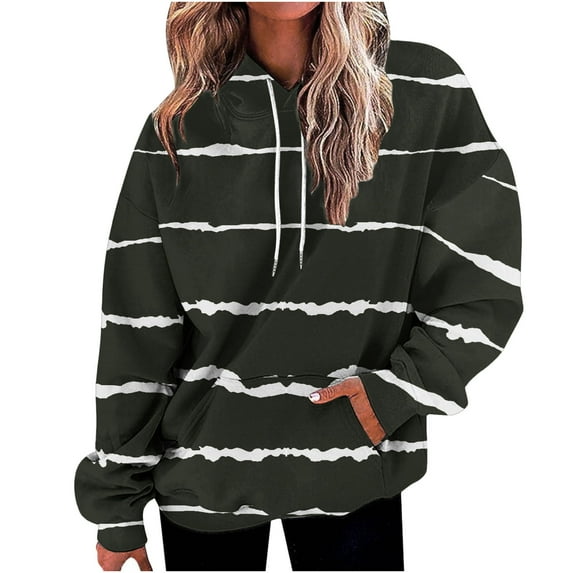 Edvintorg Streetwear Women's Oversized Stripe Print Hoodies Tops Long Sleeve Casual Drawstring Pullover Sweatshirt with Pocket