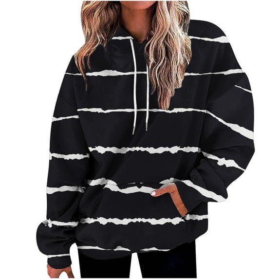 Edvintorg Streetwear Women's Oversized Stripe Print Hoodies Tops Long Sleeve Casual Drawstring Pullover Sweatshirt With Pocket On Clearance
