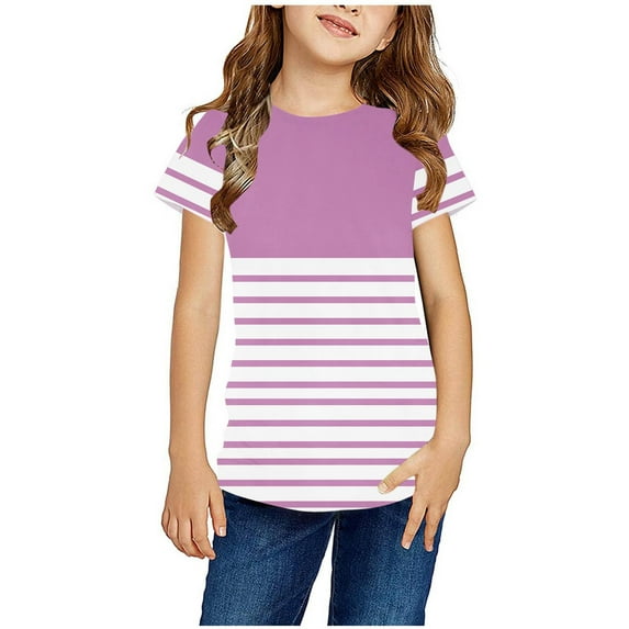 Edvintorg Stripe Printed Shirt for Kids Girls Summer Short Sleeve T Shirts Fashion Round Neck Casual Tee Tops 3-14Years Schools Outfit Teenage Clothing