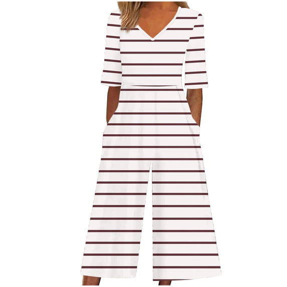Edvintorg Striped Jumpsuits for Women Casual Short Sleeve V Neck Back Zipper Wide Leg Jumpsuit with Pocket Summer Beach Vacation Clothes for Women