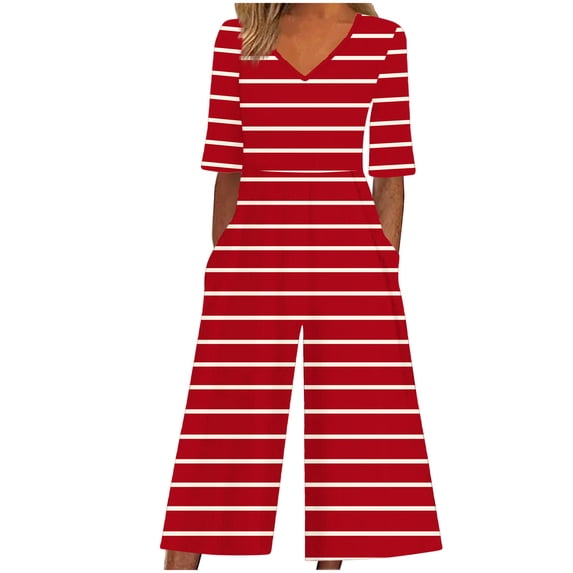 Edvintorg Striped Jumpsuits for Women Casual Short Sleeve V Neck Back Zipper Wide Leg Jumpsuit with Pocket Summer Beach Vacation Clothes for Women