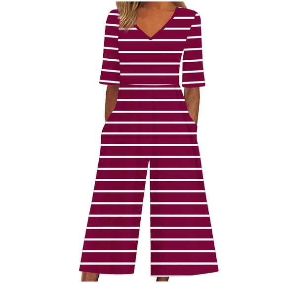 Edvintorg Striped Jumpsuits for Women Casual Short Sleeve V Neck Back Zipper Wide Leg Jumpsuit with Pocket Summer Beach Vacation Clothes for Women