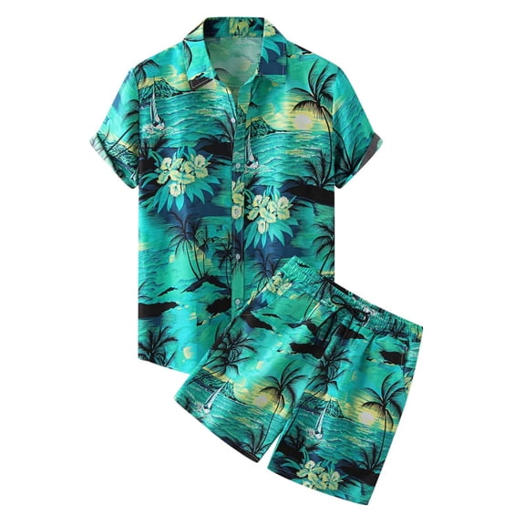 Edvintorg Summer 2 Pieces Men's Hawaiian Sets Casual Turndown Button Cardigan Turndown Print Short Sleeve Beach Blouse and Short Set