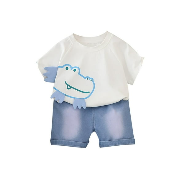 Edvintorg Summer Baby Clothes Cute Dinosaur Printed Round Neck Short Sleeve T-Shirt and Jeans Set for Boys Girls Fashion Two-Piece Sets Kids Clothes