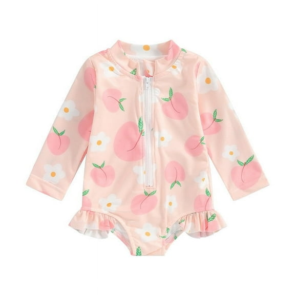 Edvintorg Summer Baby Girl Swimsuit Cute Flower Printed Long Sleeve Ruffles Swimsuits with Zipper One-Piece Bathing Suits Toddler Kids Swimwear Girl 6M-4Y