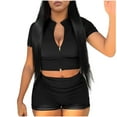 thumbnail image 1 of Edvintorg Summer Black 2 Piece Outfit Women's Summer Short Sleeved V-Neck Zippered Top+Shorts Solid Color Two-Piece Short Sleeved V-Neck Top/Shirt Set Black XS, 1 of 5