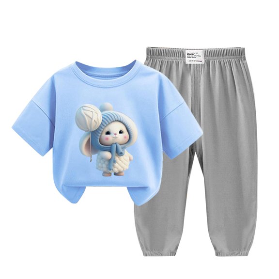 Edvintorg Summer Clothes for Boys Girls Cute Cartoons Printed Short Sleeve Cotton Shirt and Ice Silk Mosquito Proof Pants Set Loungewear Children's Clothing