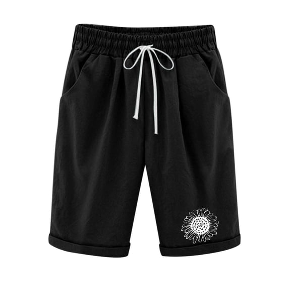 Edvintorg Summer Cotton Linen Shorts Women High Waist Shorts Women's Print Five Points Casual Drawstring Pants Shorts with Pockets Black L