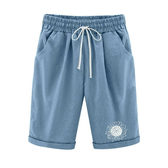 Edvintorg Summer Cotton Linen Shorts Women High Waist Shorts Women's Print Five Points Casual Drawstring Pants Shorts with Pockets Blue M