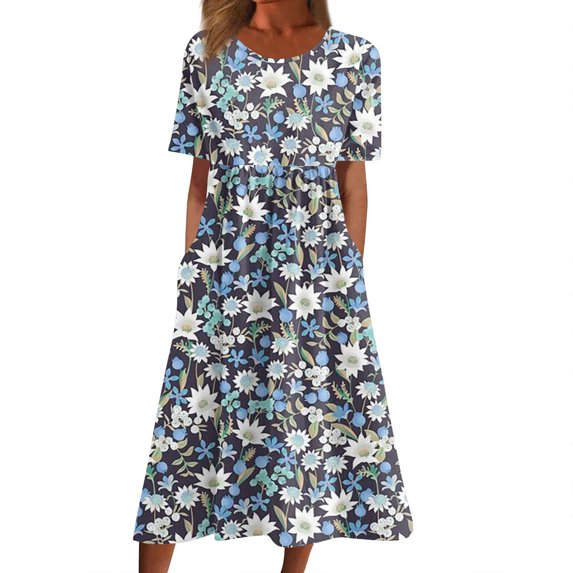 Edvintorg Summer Dress Women Vintage Floral Printed Round Neck Short Sleeve Casual Dress with Pocket Vacation Beach Dresses for Women