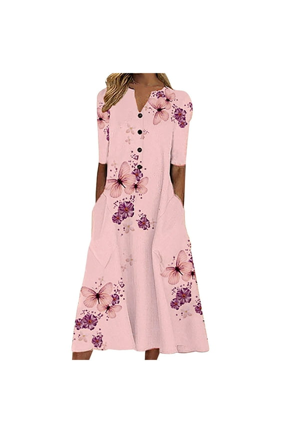 Summer Dresses Fashion Women Casual Loose Butterfly Printing V-Neck Short Sleeve Button Pockets Midi Dresses