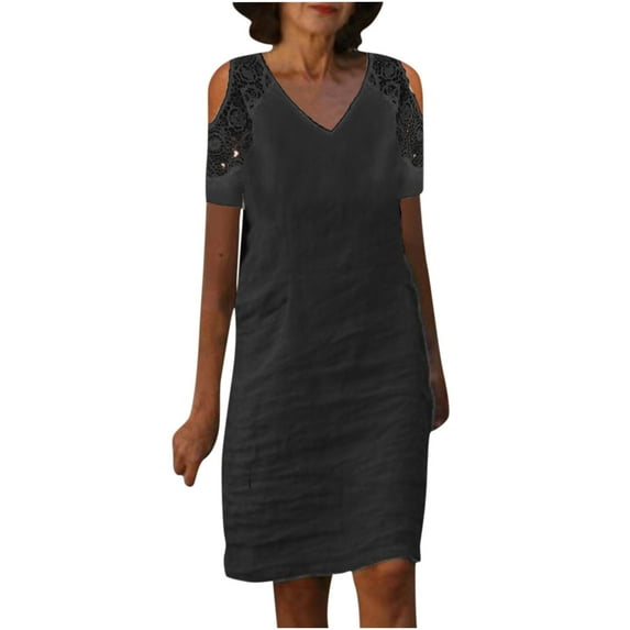 Edvintorg Summer Dresses for Women 2025 Casual V-Neck Color Lace Cotton and Linen Short Sleeve Dress Knee Length Vintage Vacation Outfits for Women