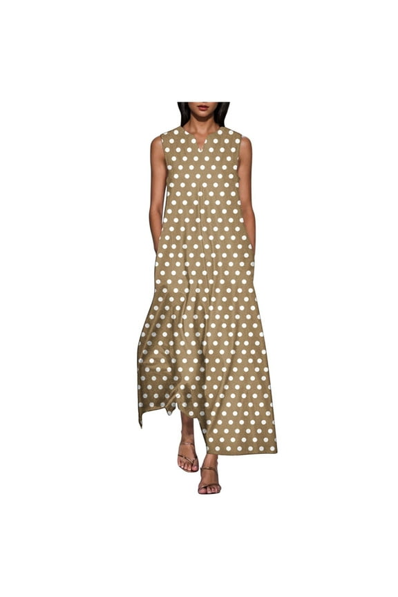 Summer Dresses for Women 2025 Women Beach Fashion Polka Dot Printed V-Neck Sleeveless Casual Long Maxi Dresses with Pocket Beach Vacation Clothes for Women