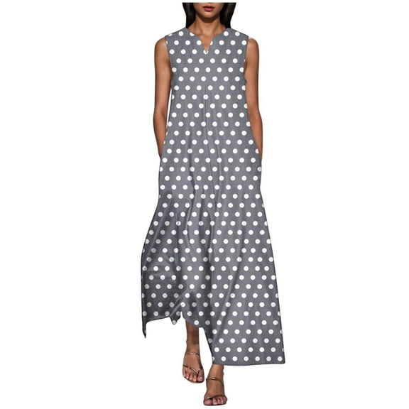 Edvintorg Summer Dresses for Women 2025 Women Beach Fashion Polka Dot Printed V-Neck Sleeveless Casual Long Maxi Dresses with Pocket Beach Vacation Clothes for Women