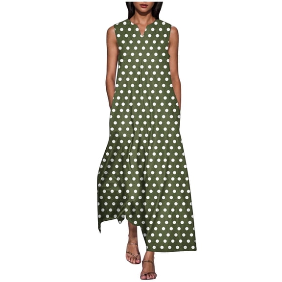 Edvintorg Summer Dresses for Women 2025 Women Beach Fashion Polka Dot Printed V-Neck Sleeveless Casual Long Maxi Dresses with Pocket Beach Vacation Clothes for Women