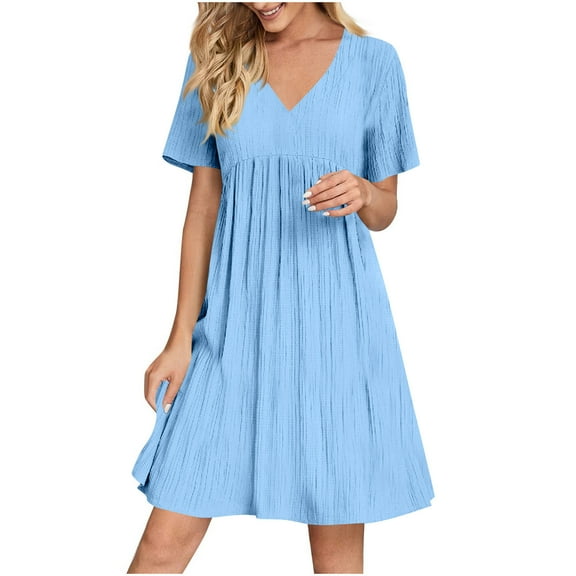 Edvintorg Summer Dresses for Women 2025 Vacation Fashion Solid Color V-Neck Loose Casual Pleated Dress Short Sleeve Beach Dress