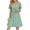 thumbnail image 1 of Edvintorg Summer Dresses for Women 2025 Vacation Fashion Solid Color V-Neck Loose Casual Pleated Dress Short Sleeve Beach Dress, 1 of 8
