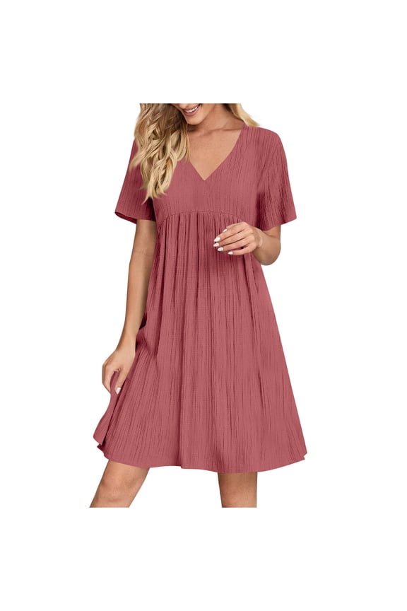 Summer Dresses for Women 2025 Vacation Fashion Solid Color V-Neck Loose Casual Pleated Dress Short Sleeve Beach Dress