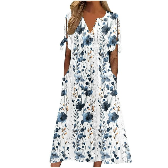 Edvintorg Summer Dresses for Women Fashion Floral Printing Button V-Neck Short Sleeve Beach Dresses with Pockets Plus Size Casual Dresses for Women