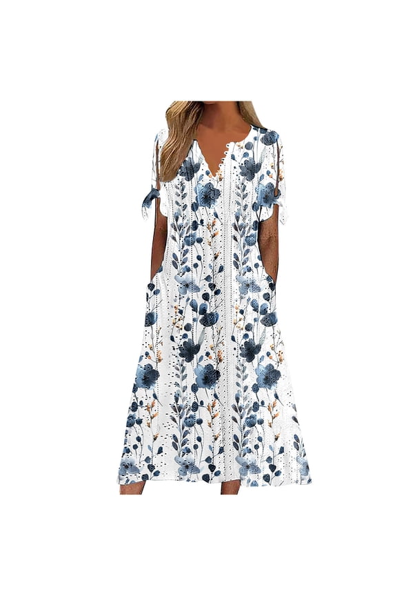 Summer Dresses for Women Fashion Floral Printing Button V-Neck Short Sleeve Beach Dresses with Pockets Plus Size Casual Dresses for Women