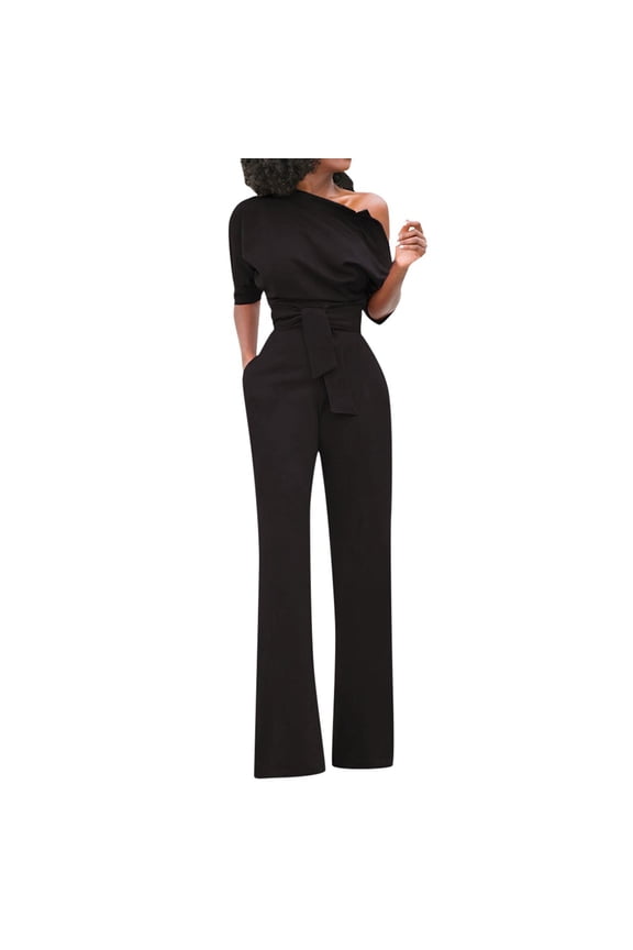 Summer Jumpsuit for Women Sexy Solid Off Shoulder Short Sleeve with Belt Slim Jumpsuits with Pockets
