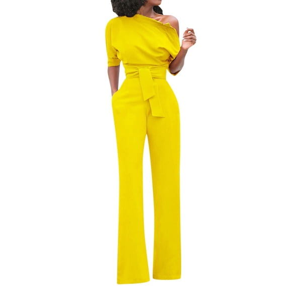 Edvintorg Summer Jumpsuit for Women Sexy Solid Off Shoulder Short Sleeve with Belt Slim Jumpsuits with Pockets