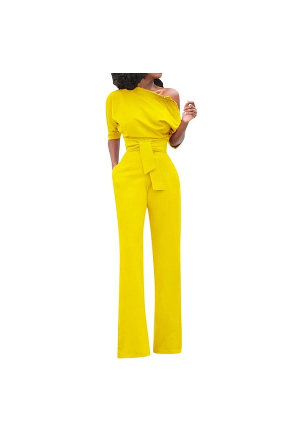 Summer Jumpsuit for Women Sexy Solid Off Shoulder Short Sleeve with Belt Slim Jumpsuits with Pockets